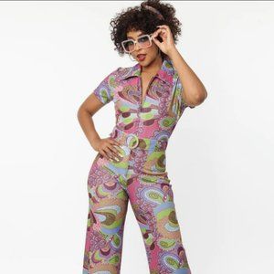 Smak Parlour Purple & Green Abstract Paisley Jumpsuit 2x/18